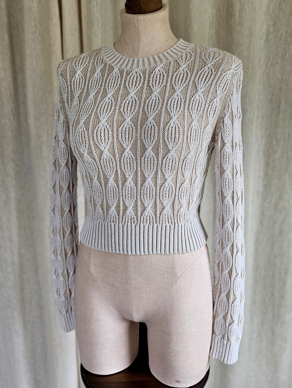 DKNY White Beige Cable Knit Cotton Cropped Long Sleeve Pullover Sweater XS